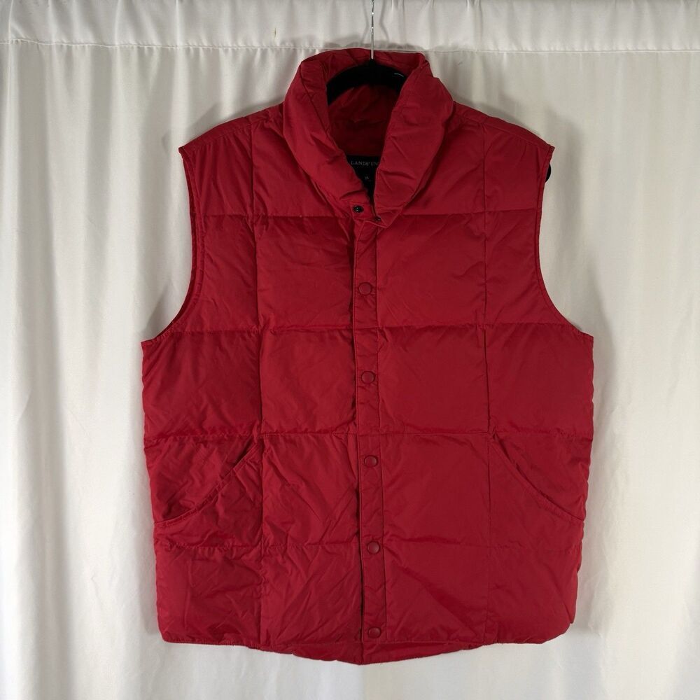 Lands End Puffer Vest Men's Medium Red Duck Down Fill Sleeveless Button Up